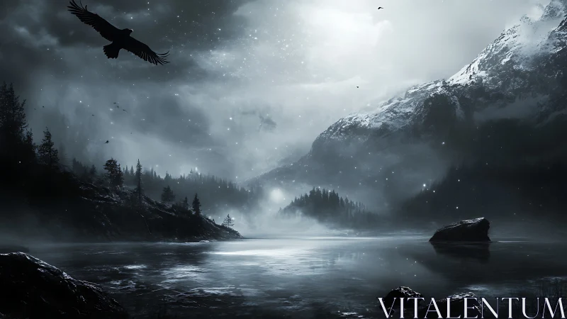 Monochrome mountain lake with bird over calm water surface.