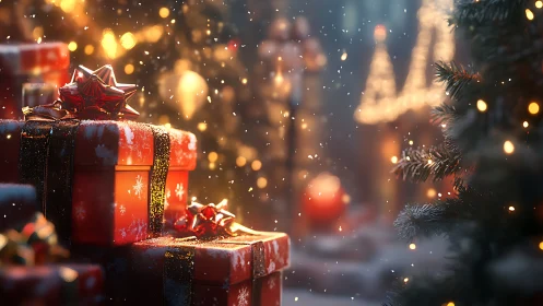 Stacked red gift boxes under shallow depth-of-field snowfall lighting