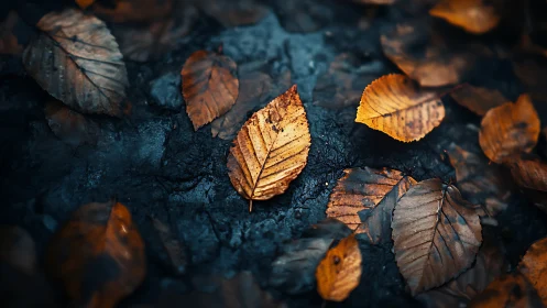 Solitary amber leaf glows boldly against midnight forest soil
