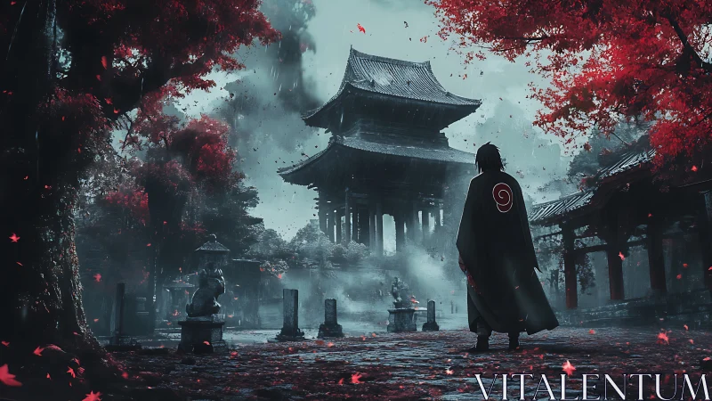 Cloaked wanderer in crimson temple courtyard under misted sky.