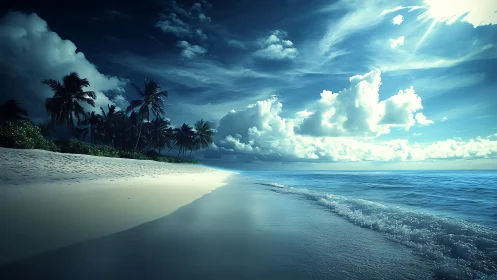 Moody tropical shoreline under luminous cyan twilight sky.