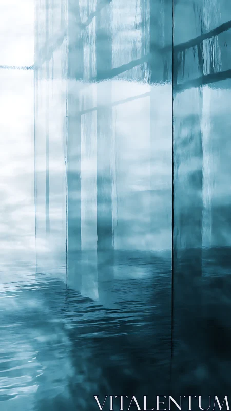 Vertical glass structures reflected in still blue water.