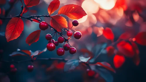 Red berries and leaves in soft glowing evening light.