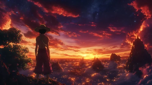 Silhouetted traveler overlooks glowing cloud sea at sunset