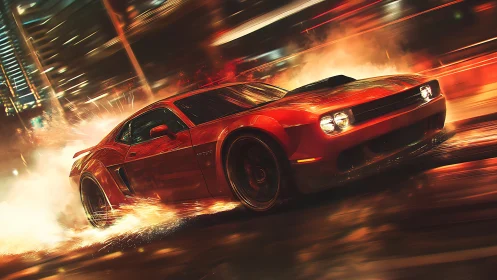 Red muscle car drifting through wet neon city street at night.