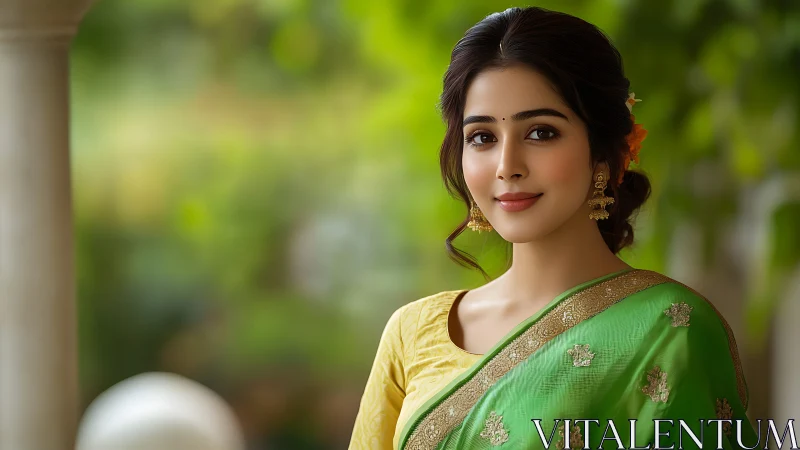Elegant woman in green sari with gold embroidery, natural light portrait.