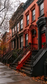 Autumn streetscape of restored red-brownstone row houses in rain