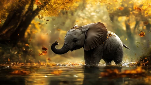 Playful baby elephant in glowing autumn forest stream.
