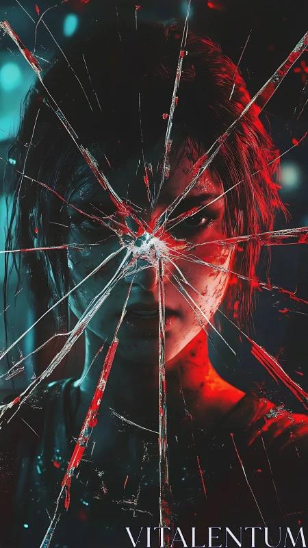 Shattered mirror portrait splits face in neon red teal glow.