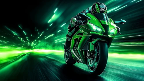 Neon green superbike races through a futuristic tunnel.
