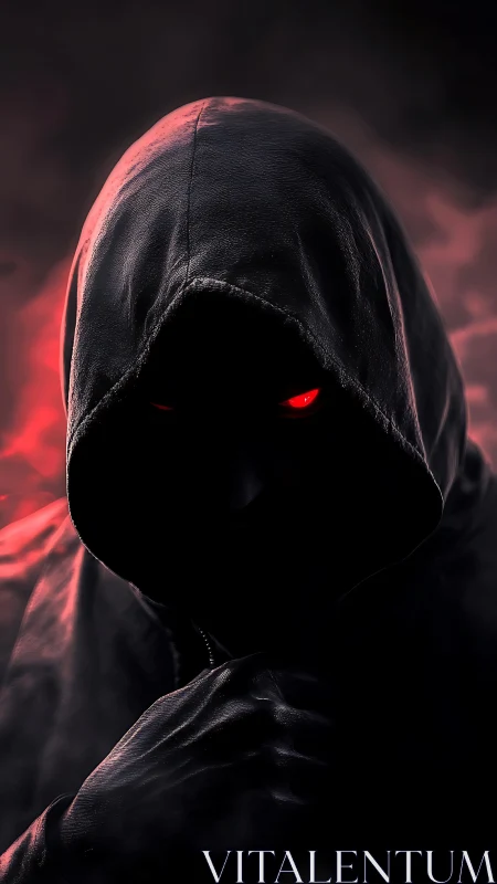 Hooded figure with red luminous eyes emerges from shadowed haze