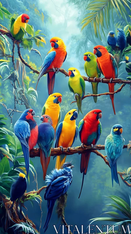 Joyful rainbow parrots share a lively perch in lush jungle