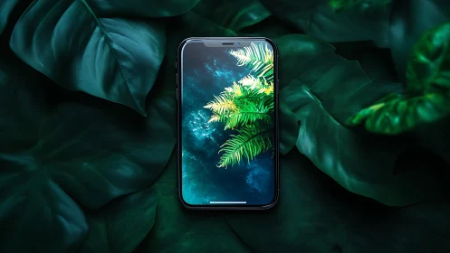 Smartphone display as luminous botanical viewport in foliage.