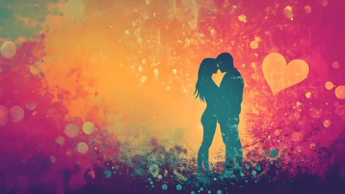 Silhouetted Couple Embracing Against Gradient Splatter Backdrop.