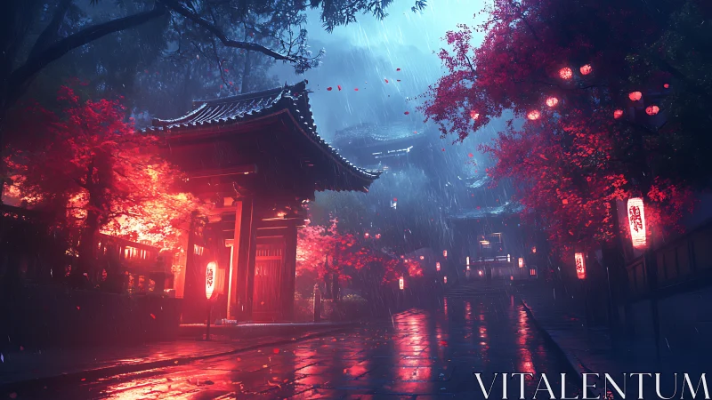 Lanternlit rain carves neon rivers through a silent temple street