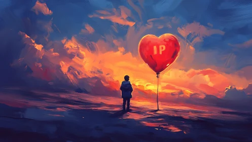 Figure Stands Before Massive Red Heart Balloon at Sunset