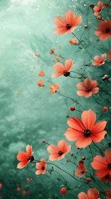 Red cosmos flowers with buds float on soft teal textured background