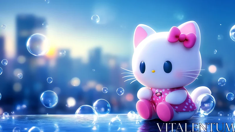 Chibi cat figurine rendered in glossy 3D amid bokeh city bubbles