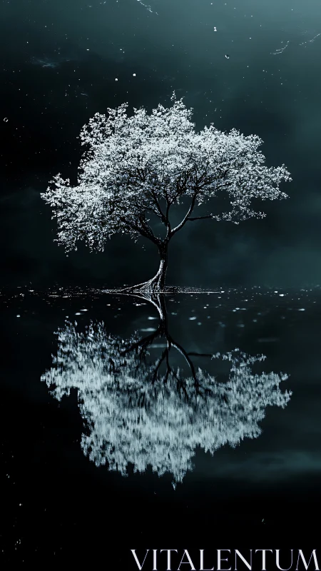 Digital painting of mirrored blossom tree on nocturnal water surface.