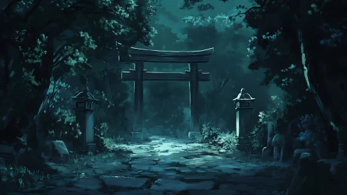 Moonlit torii gate crowns secluded forest stone path.