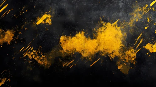 Bold yellow paint splatters on dark textured background, abstract art.