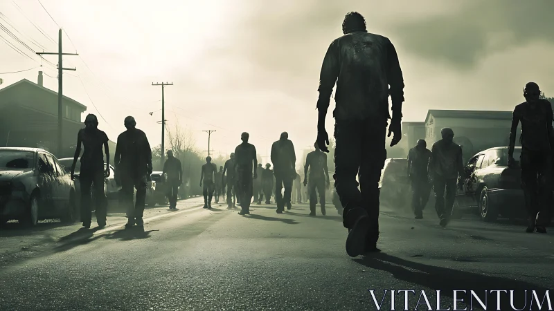 Sun-bleached zombie horde wanders a ruined suburban street.