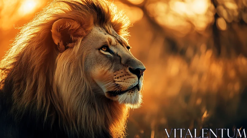 Majestic lion portrait glows under warm golden sunset light