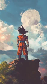 Solitary warrior overlooking vast moonlit fantasy valley.