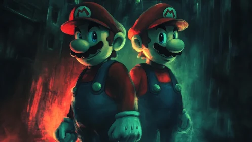 Dual cartoon plumbers in moody red green rim lighting portrait