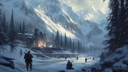 Armed figures traverse a snowy valley toward a lit compound