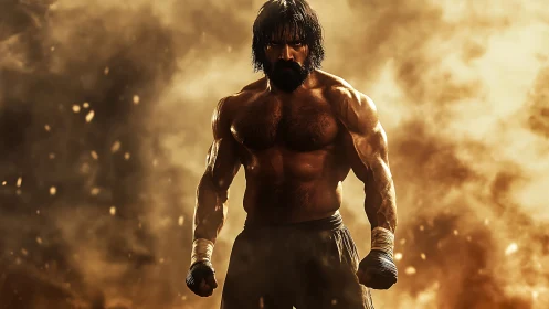 Storm-forged fighter strides through blazing battle haze.