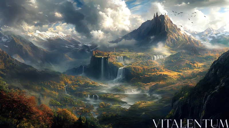 Majestic mountain realm with tiered waterfalls and misty light.