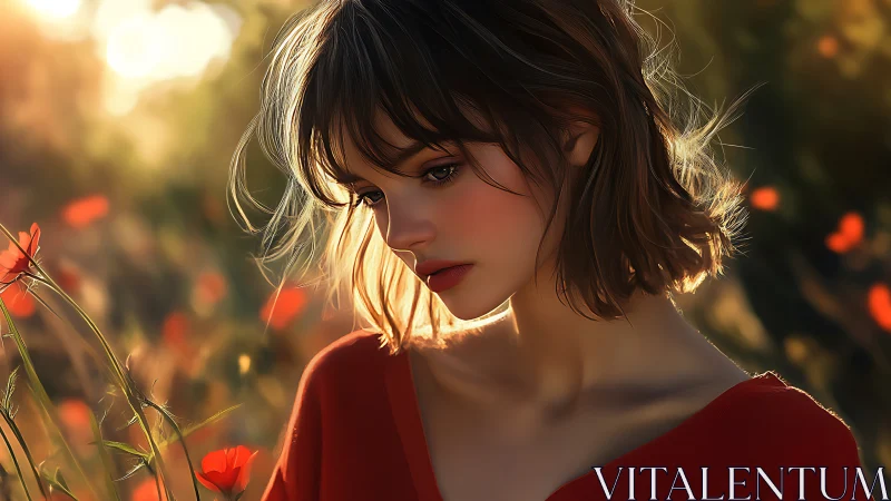 Digital painting portrait in warm backlit meadow setting.