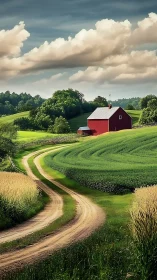 Red barn overlooks winding dirt road through summer hills