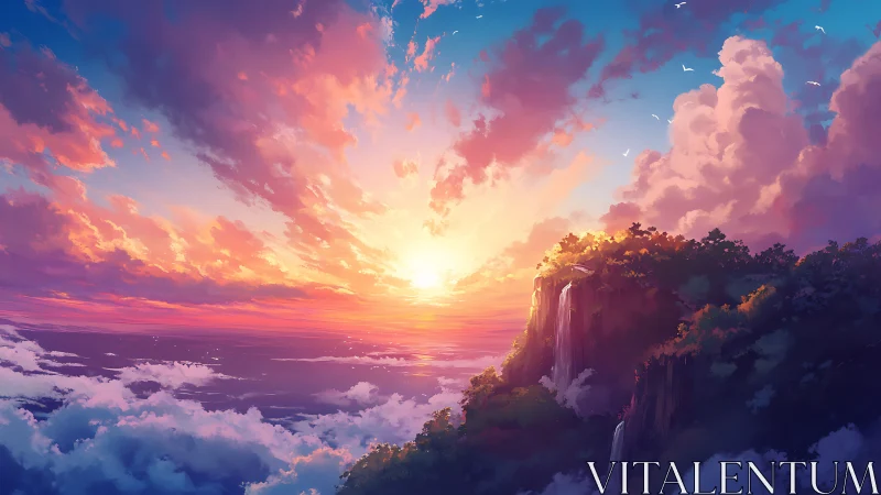 Sunset sky over ocean horizon and forested cliffscape.