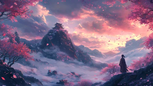 Solitary wanderer gazes over misty sakura mountains at dusk.