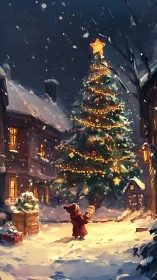 Child in red coat observes illuminated Christmas tree at night