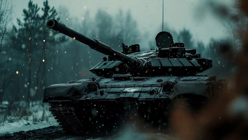 Steel behemoth prowls through snowfall in a misted forest road.