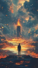 Silhouette observes burning city under fractured fiery sky