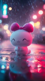 Neon-lit chibi cat figurine rendered with glossy subsurface scattering