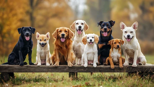 Multibreed dog group portrait on wooden bench in autumn park