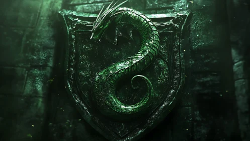 Emerald dragon crest coils over weathered stone shield.