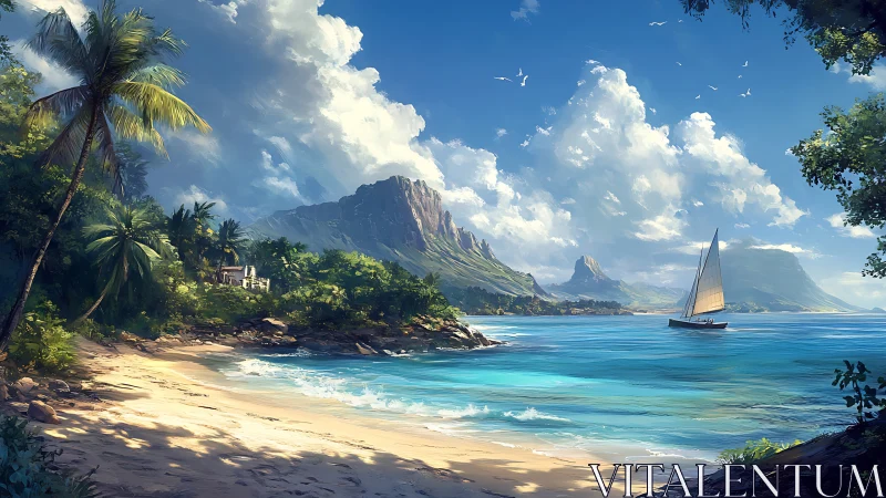 Tropical Coastal Paradise: Digital Rendering of Pristine Shoreline with Mountainous Backdrop.