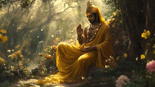 Golden-robed divine figure meditating in luminous forest grove.