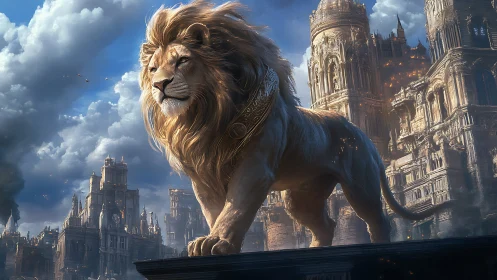 Majestic lion guardian towering over fantasy citadel.