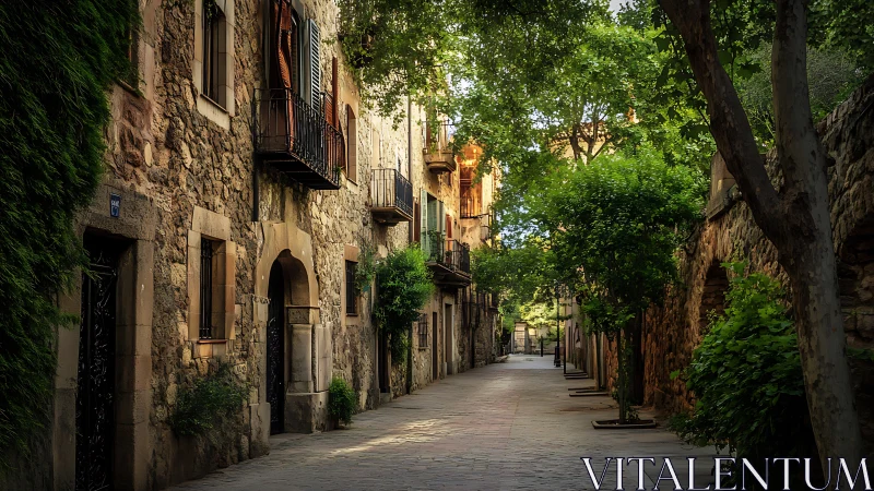 Sunlit stone alleyway winds through a tranquil old town.