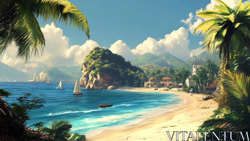 Tropical Coastal Settlement with Rocky Island Formation.