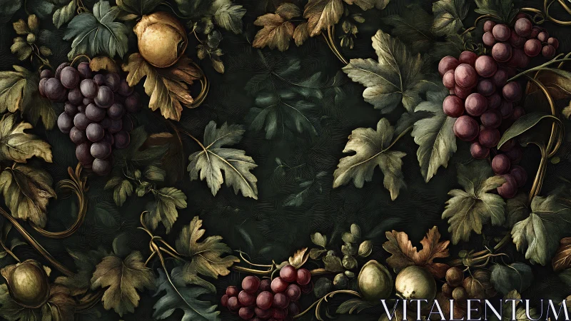 Baroque grape garlands frame deep green botanical field.