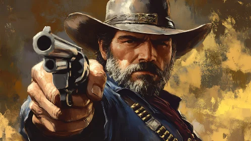 Cowboy with revolver in close frontal view against abstract background.