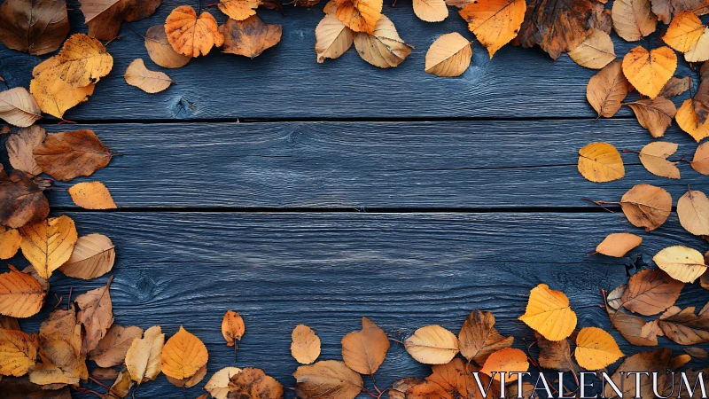 Autumn leaves framing textured blue wooden background surface.